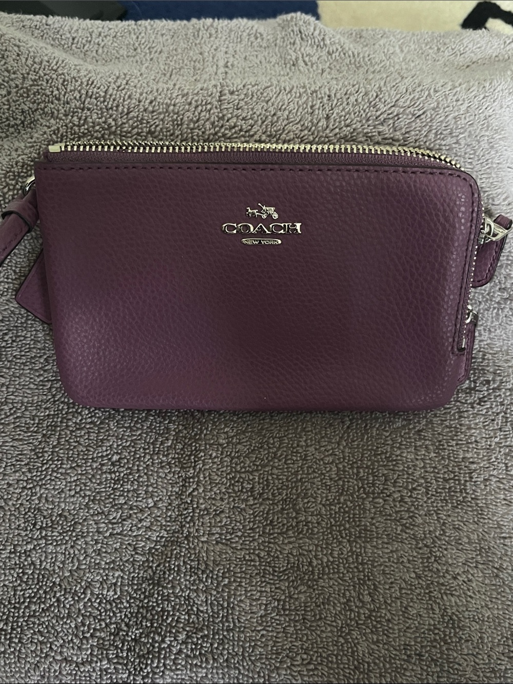 Coach Pebbled Leather double zip Wristlet Clutch in Plum with Gold Hardware